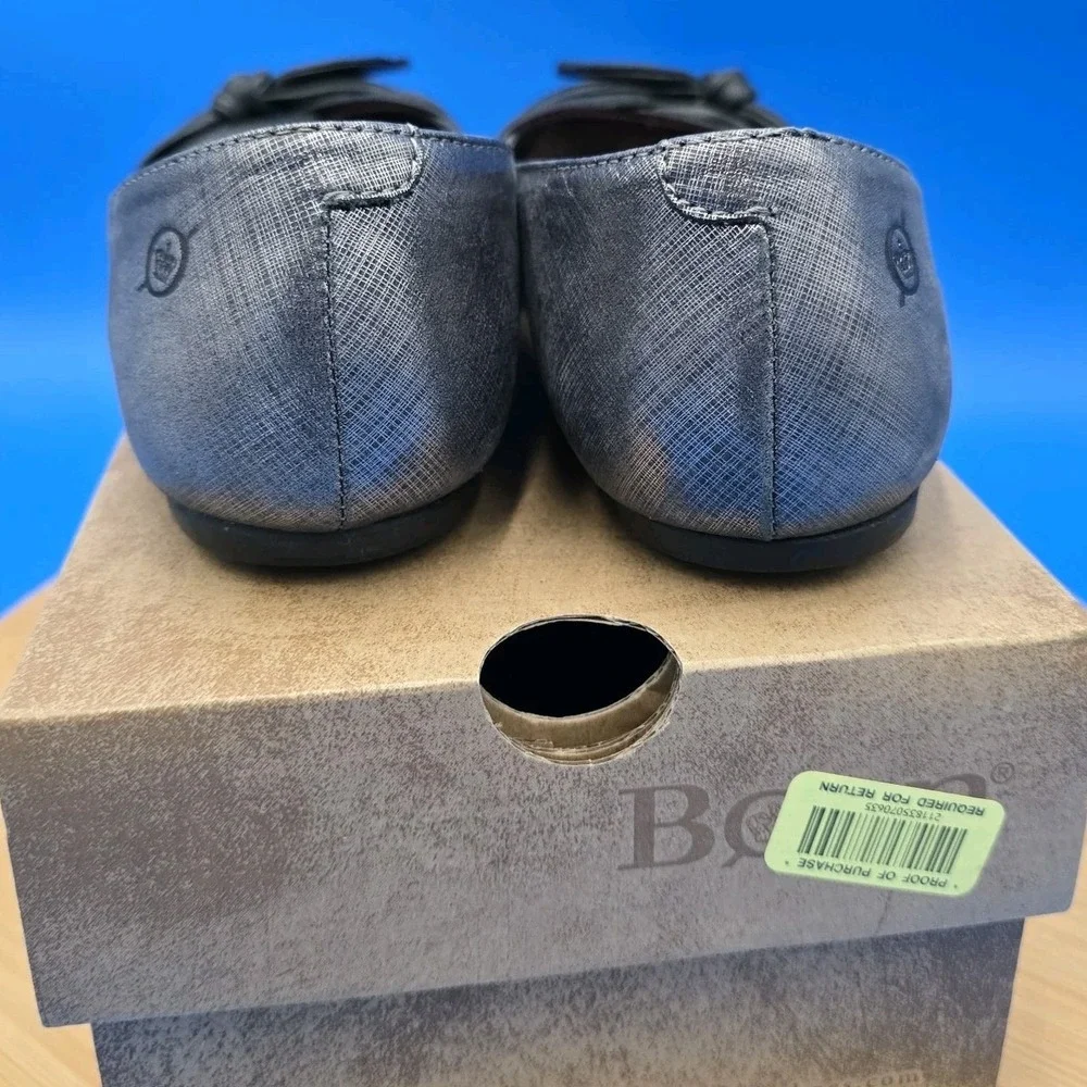 Born Ballet Flats Womens Silver Black Leather Casual Bow Slip On Shoes Sz 7.5M‎